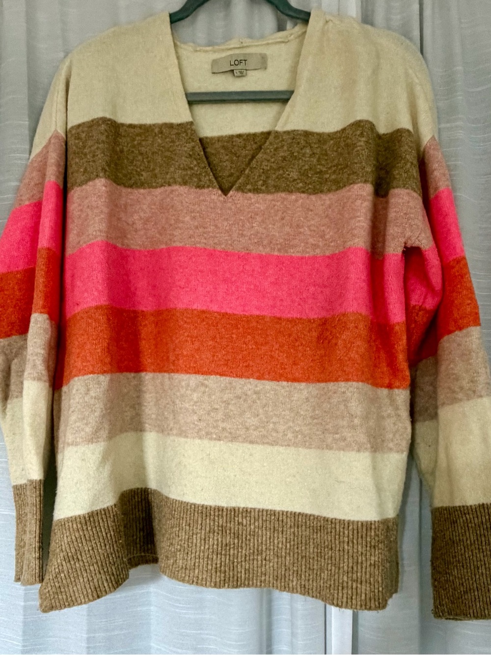 LOFT Striped V-Neck Sweater in Pink, Orange & Brown